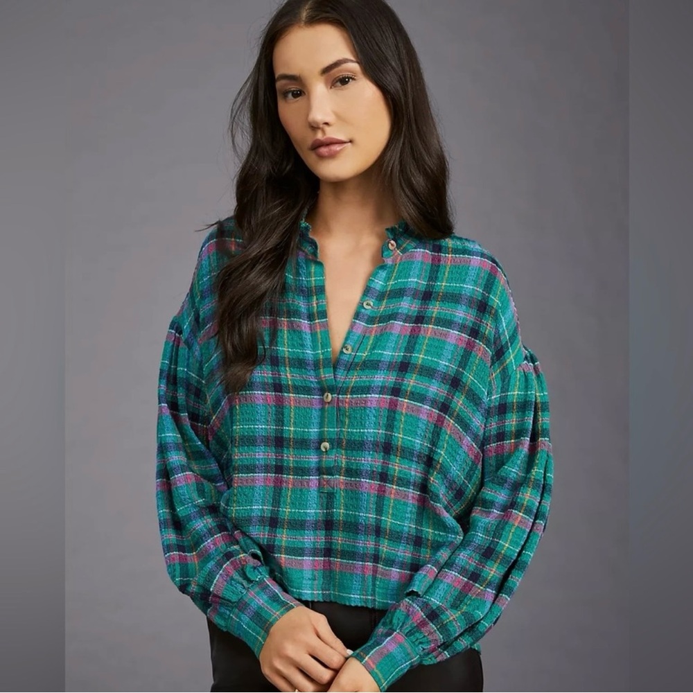 Anthropologie Pilcro Teal and Pink Plaid Button-Down Shirt